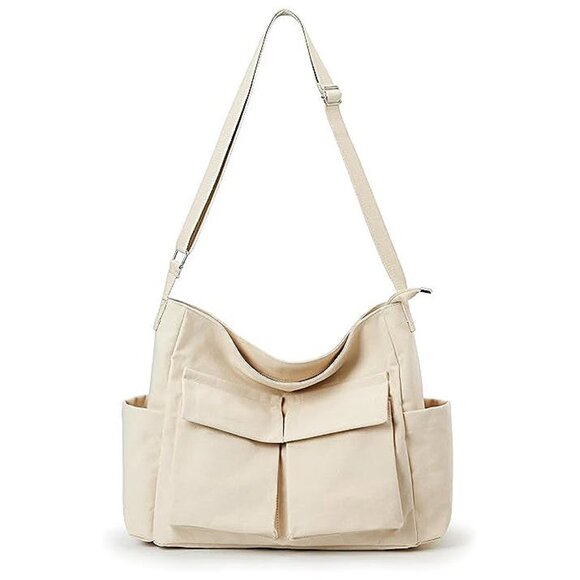 Handbags - Canvas Tote Bag Messenger Bag, Large Crossbody Bag Beige